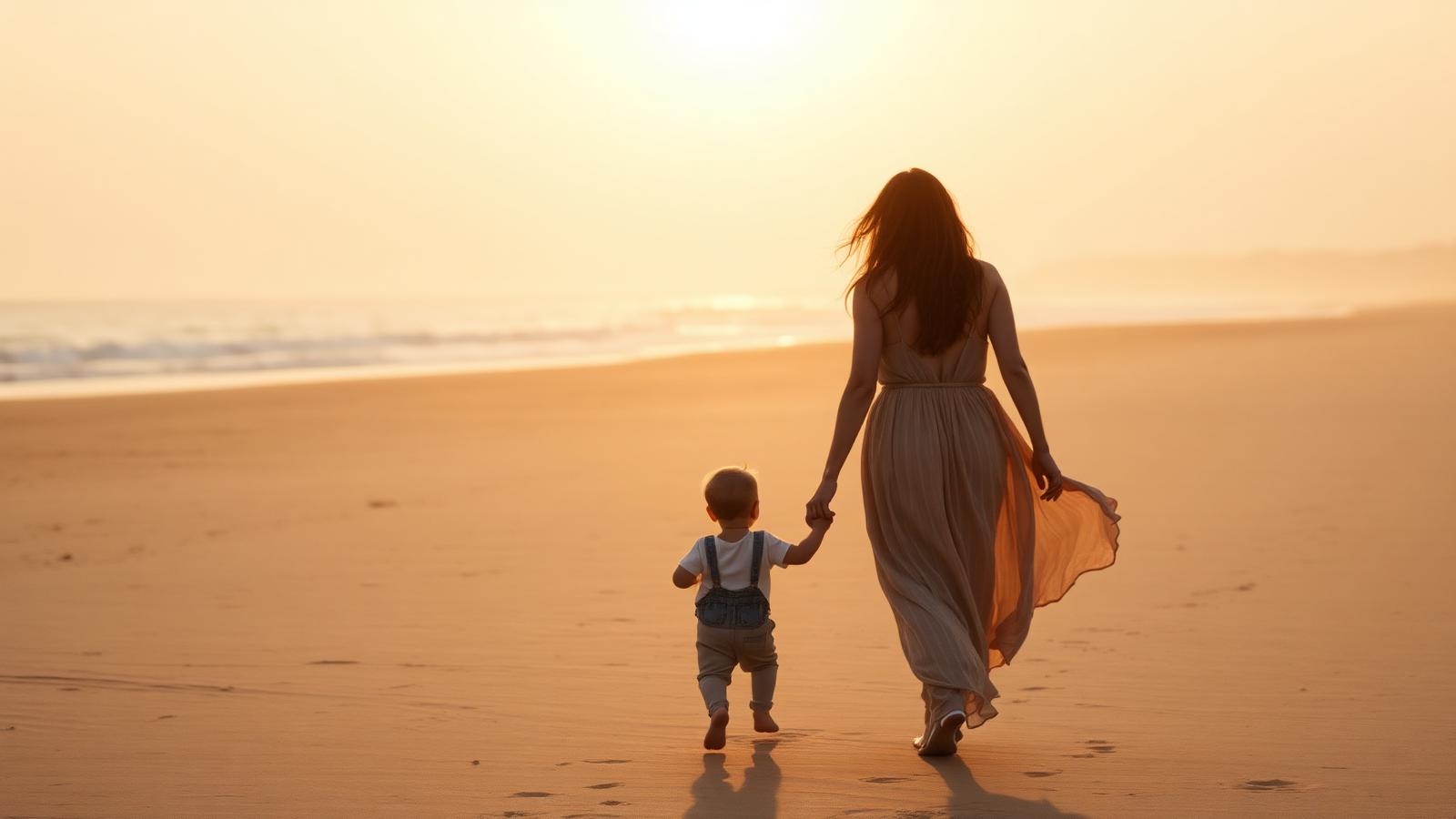 Mother and child walking at golden hour
